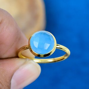 Natural Blue Chalcedony Shape Round Cut Gemstone 18k Gold Plated Bezel Handmade Minimalist <b>Ring</b> For Women - Product Image 3