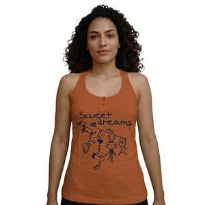 Sweet Dreams Cartoon Print Women's Cotton Tank <b>Top</b> Casual Summer O-Neck Breathable Front Button Design - Product Image 2