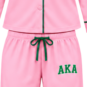 Ensemble de pyjama rose pour femme avec passepoil vert et broderie AKA, haut à manches longues boutonné et pantalon assorti à cordon de serrage, vêtements de nuit - Product Image 6