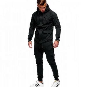Ensemble de survêtement décontracté pour homme, taille plus, respirant et confortable, avec capuche, couleur unie noir et rouge, 100% coton - Product Image 1