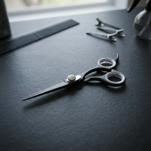 Ciseaux de coiffure noirs avec repose-doigts fixe - Product Image 1