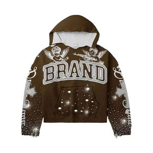 2026 Men's Custom Brand Logo Printed Crop Hoodie Casual Rhinestone <b>Sun</b> faded & Distressed Oversized Hoodie For Unisex - Product Image 3
