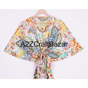 Robe Kaftan 100 % Coton Inde pour Femme, Taille Unique, Imprimé Oiseaux Verts, Douce et Ample, Élastique à la Taille, Idéale pour l'Été et le Quotidien - Product Image 2