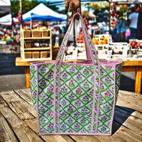 Bolso Tote Bohemio Plegable con Forro de Algodón Acolchado a Mano SHREE, Estampado a Bloque, Bordado y Decorado con Flores
