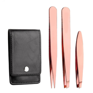 3pcs Eyebrow Tweezer Set Rose Gold with Leather Travel Case Triad Fix Repair Tool Kit Face Hair Removal Make Up Tools - Product Image 1