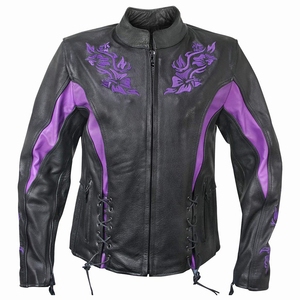 Women's Black Leather <b>Motorcycle</b> <b>Jacket</b> With Purple Embroidery Full Sleeve Windproof All Seasons Racing Wear - Product Image 1