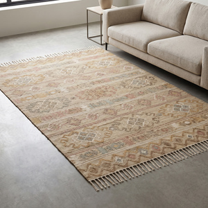 Tapis en jute géométrique moderne tissé à la main, beige multicolore, tissage plat, antidérapant, kilim, tapis de sol, bords frangés, décoration intérieure - Product Image 1
