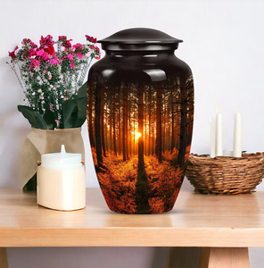 Chocolate Metal Human <b>Ashes</b> Urn Adult Cremation <b>Keepsake</b> Urn Forest Sunset Memorial Vase Custom - Product Image 2