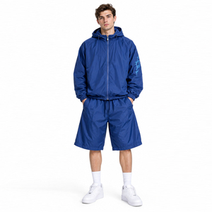 Men Hooded Windbreaker Jacket and Rain Shorts <b>Set</b> Men Lightweight Streetwear Nylon <b>Twin</b> <b>Set</b> Chainile Embroidery Logo Jacket - Product Image 3