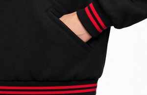 Men's Black Varsity Jacket with Red Trim Stand Collar <b>Button</b> Closure Casual Spring Windproof Solid Color PU Material - Product Image 5