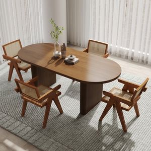 Ensemble de table à manger en teck au design moderne avec chaises en rotin pour salle à manger - Product Image 1