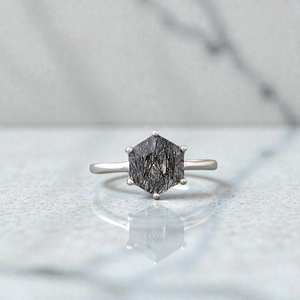 Black Rutilated <b>Quartz</b> Hexagon <b>Ring</b> 925 Sterling Silver IGI Certified Art Deco Engagement Promise Jewelry Gift for Women - Product Image 6