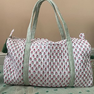 Cotton Floral Quilted Weekender Duffle Bag With Green Tassel Zipper Closure <b>Large</b> <b>Capacity</b> Travel <b>Backpack</b> For Women - Product Image 1