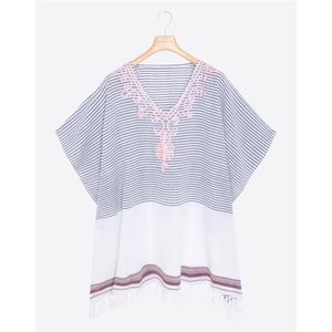 Vestido Kaftán Mini de Playa Tejido con Rayas Bohemias de Algodón Teñido en Hilo, Ecológico, con Cuello en V, Flecos, Transpirable y Asimétrico - Product Image 2