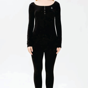 T-shirt Henley noir à col rond et manches longues pour femme, boutons, coupe classique, tricoté, couleur unie, respirant, avec logo, 100 % coton, idéal pour l'été - Product Image 6