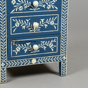 Premium Modern Eco-Friendly <b>Blue</b> Bone Inlay <b>Bedside</b> <b>Table</b> with 2 Drawers Handmade Floral Inlay Nightstand Cabinet - Product Image 2