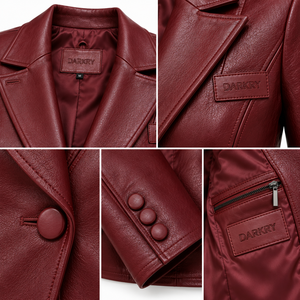 Women Single <b>Button</b> Maroon Leather Blazer Notch Lapel Flap Pocket Formal Fitted <b>Coat</b> Outerwear Custom OEM Service Provider - Product Image 6