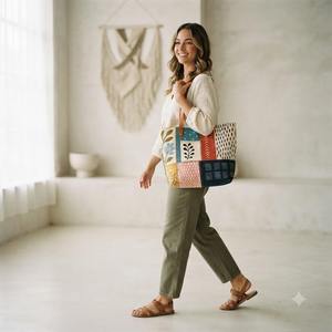 Floral Print Cotton Canvas <b>Tote</b> Bag Leather Handle Large Capacity Women's Shoulder Handbag Eco-Friendly Reusable <b>Travel</b> Zipper - Product Image 1