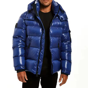 Men's Royal Blue Glossy Puffer Jacket Thick Warm <b>Bubble</b> <b>Coat</b> with Detachable Hood for Cold Winter Streetwear Style Shinny Puffer - Product Image 3