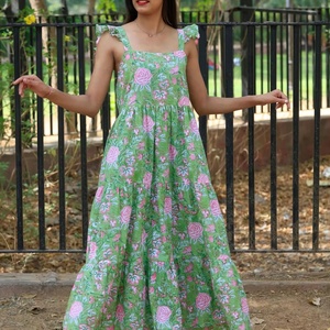 Vestido Indio de Algodón Estampado a Mano, 100% Algodón, Vestido Largo con Cuello Cuadrado, Estilo Casual, Vestido Túnica Indio Bordado - Product Image 1