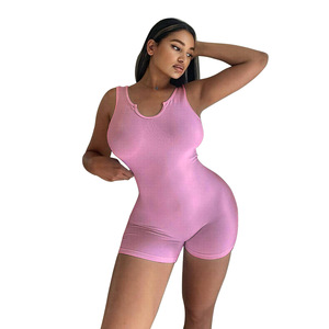 Combinaison sans manches en tricot sans couture pour femme, couleur unie, col rond, taille mi-haute, au-dessus du genou, décontractée, coupe classique, idéale pour l'été - Product Image 2