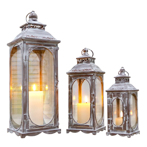 <b>Set</b> Of 3 Vintage Metal Hanging Candle <b>Lanterns</b> Grey Decorative Outdoor & Indoor <b>Lanterns</b> Garden Decor Candle Holders Best Price - Product Image 1