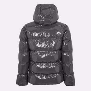Hooded Puffer Jacket Unisex Winter <b>Coat</b> Solid Color PU Material <b>Waterproof</b> Thick <b>Padding</b> Regular Fit Casual Style Zipper Closure - Product Image 6
