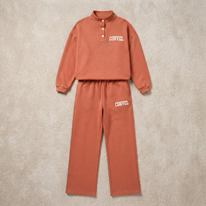 Ensemble de survêtement en molleton bouclette pour femme, pull à col boutonné, pantalon de survêtement fluide à jambe droite, haut à col demi-fermé, vente en gros - Product Image 3