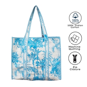 Bolsa de Mano de Algodón con Estampado Floral Hecho a Mano, con Ribete Azul a Rayas, Estilo Bohemio, Abertura Superior Abierta, para Compras y Viajes, para Usar en Todas las Estaciones - Product Image 3