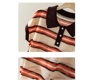 T-shirt en twill à rayures contrastées et revers, à manches courtes, pour femme, coupe ample et décontractée, idéal pour l'hiver, avec logo personnalisé - Product Image 2