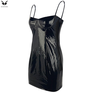 Glossy Black Patent Leather <b>Mini</b> Dress OEM ODM Slim Fit Sleeveless Bodycon Dress Underwire Bustier Style Wet Look Clubwear - Product Image 3