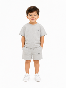Ensemble coordonné gris pour enfants Livster, tenue d'été en coton doux, ensemble décontracté pour garçons, t-shirt et short assortis, mode enfant de qualité supérieure - Product Image 1