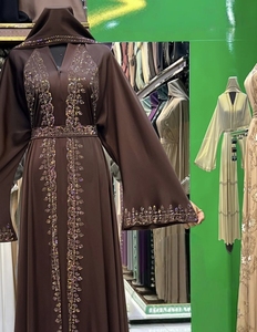 Wholesale Modest Dubai Beaded Sequined Long Sleeve Abaya Muslim Traditional Handmade Wedding Women Polyester Breathable V Neck - Product Image 3