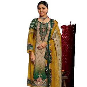 Traje pakistaní de muselina pura con diamantes y estampado digital para adultos hecho de seda con Salwar Kameez - Product Image 1