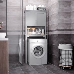 Mobiletto Moderno a Doppia Anta da Posizionare Sopra il WC, Organizzatore per Bagno Grigio con Ripiano Interno Regolabile - Product Image 4