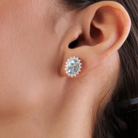 Produk Baru Terlaris Anting-anting Stud Cluster Emas Putih 14K Solid dengan Aquamarine & Berlian Perhiasan Batu Kelahiran Bulan Maret
