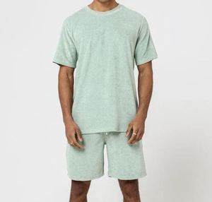 Fournisseur en gros – Ensemble décontracté deux pièces pour homme, imprimé, tricoté, 100 % coton, été, t-shirt et short, respirant, séchage rapide, léger - Product Image 1