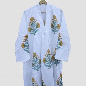 Robe longue en coton imprimé bloc à la main tuniques indiennes faites à la main vêtements de plage avec taille naturelle tissée et impression numérique - Product Image 2