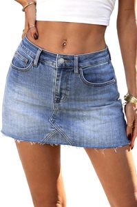 Mini-jupe en jean taille haute, couleur unie, délavée, coupe trapèze décontractée pour femme, taille standard, style été - Product Image 3