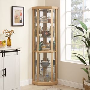<b>Lighted</b> Corner Curio Cabinet Glass Display Case for Living Room Elegant Antiqued Accent Piece - Product Image 1