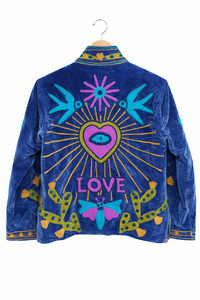 Chaqueta Bomber Azul Terciopelo Bordada con Diseño de Corazón y Texto de Amor, Cuello Mao, Manga Larga, Cortavientos, para Mujer, Primavera Invierno - Product Image 2