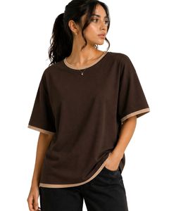 Chocolate Brown Women Oversized T Shirt Casual Crew Neck Short Sleeve Contrast Trim Loose Fit Soft Breathable Summer <b>Top</b> - Product Image 1