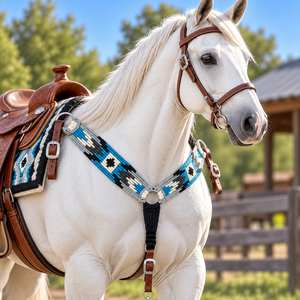 Collier de poitrail personnalisé pour cheval Western, motif Navajo perlé, finition en laine et cuir, couleurs Teal et Tan, tailles Full/Cob, fabriqué en Inde - Product Image 3