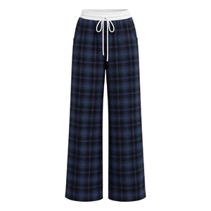 <b>Women's</b> Casual Plaid Wide Leg Pants Mid Waist Drawstring <b>Loose</b> Fit Full Length <b>Trousers</b> - Product Image 1