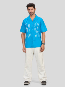 Men's Blue Short Sleeve Casual <b>Shirt</b> with Hand Embroidered Turn-down Collar 100% Cotton All Time Wear Winter - Product Image 3