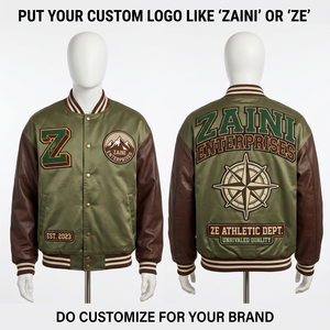 Unisex Varsity <b>Jacket</b> 380g Polyester/Cotton <b>Fleece</b> Windproof Stand Collar Charcoal <b>Black</b> Ribbed Trim Custom Chenille Embroidery - Product Image 1