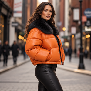 Chaqueta Acolchada de Cuero Genuino a Cuadros Naranja para Mujer con Cremallera, Cuello de Piel de Zorro, 85% Resistente al Viento, Desmontable, Estilo Urbano para Invierno - Product Image 2