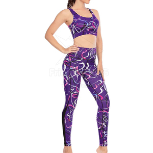 Women Yoga Set Purple Abstract Print High Waist Leggings Racerback Square Neck <b>Crop</b> <b>Top</b> 2 Piece Spandex Polyester Breathable - Product Image 4