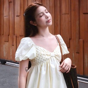 Robe Babydoll Blanche Unie à Manches Courtes et Col Carré, Style Doux, avec Short Intégré, Tissée, Respirante, Séchage Rapide, 100% Coton, Vente en Gros Usine - Product Image 2