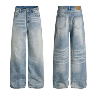 Pantalon en jean délavé taille haute à jambe large pour homme, décontracté, en coton mi-lourd, avec braguette boutonnée, tissu tissé, style printemps - Product Image 5